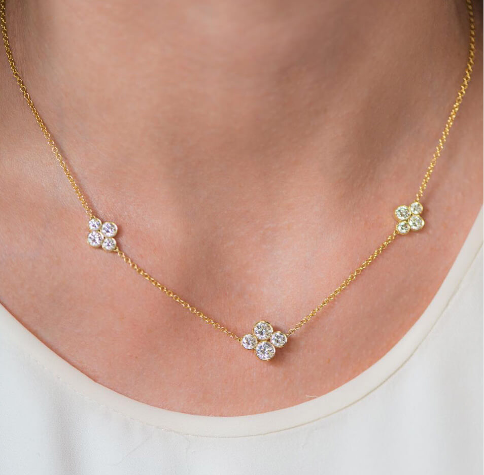 Woman wearing the Anderson 3 station diamond necklace 