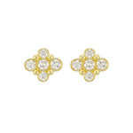 A pair of 18K yellow gold diamond stud earrings with beaded accents designed by Laura Pearce