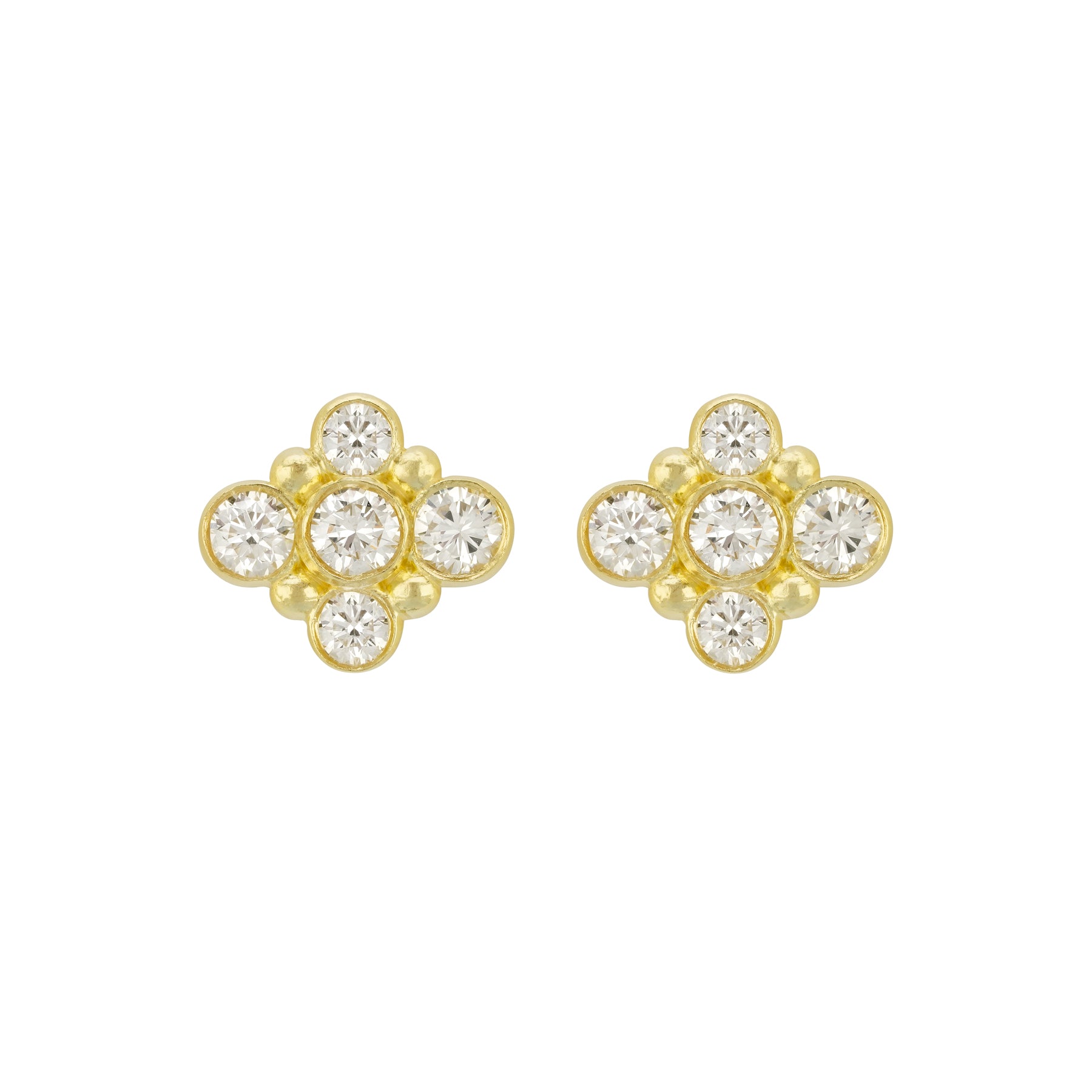 A pair of 18K yellow gold diamond stud earrings with beaded accents designed by Laura Pearce
