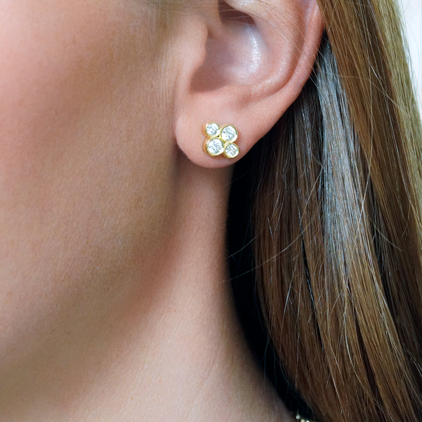 Woman wearing LPL Signature Collection 18 Karat Yellow Gold and Diamond "Anderson" Earrings
