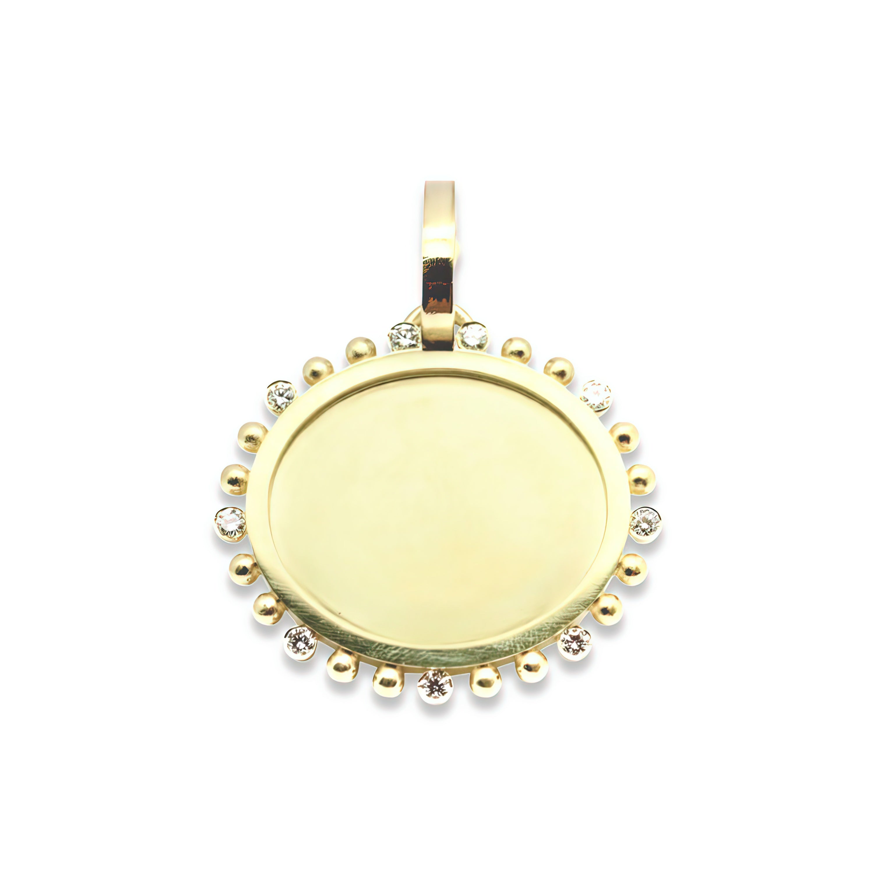 Gold pendant with circular design and small diamonds on a white background