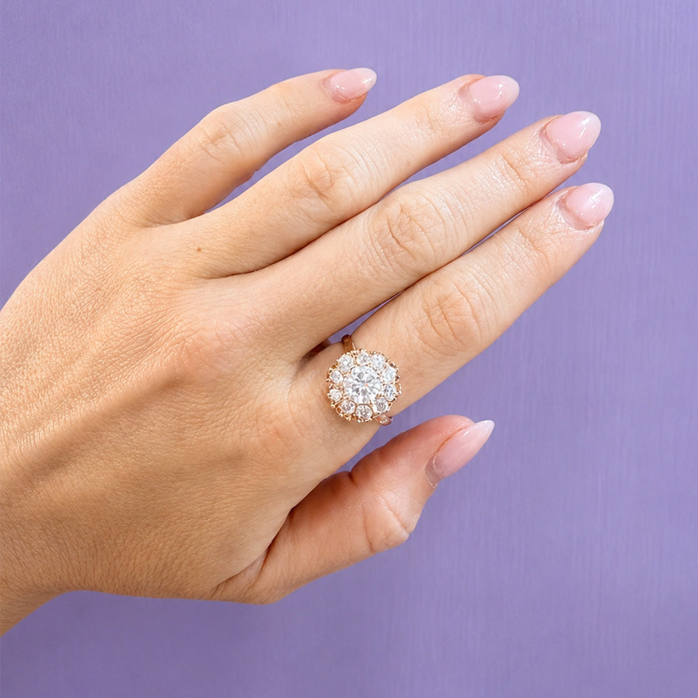 Antique Diamond Cluster Halo Ring in Rose Gold