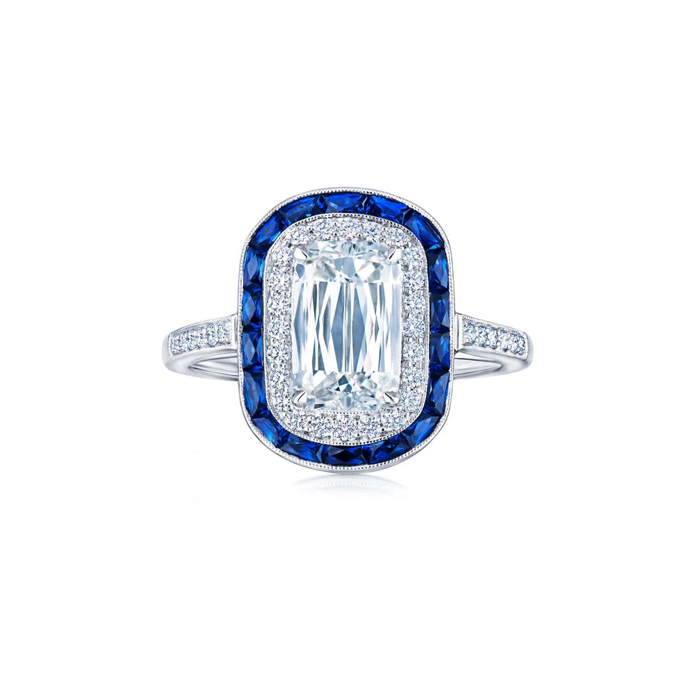 Kwiat Platinum Ashoka Ring with Sapphire and Diamond Halos