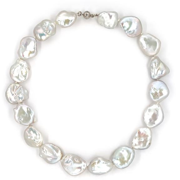 Baroque Pearl necklace with white gold clasp on a white background