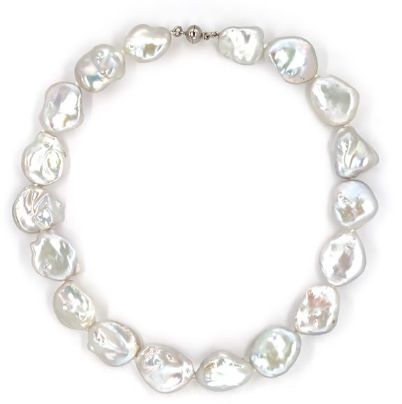 Baroque Pearl necklace with white gold clasp on a white background