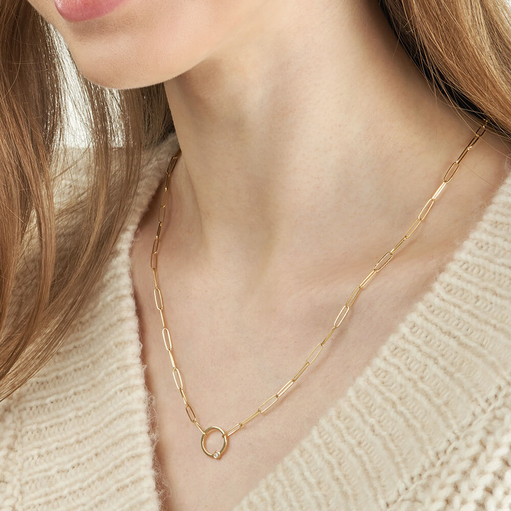 14K Yellos Gold Bezel Diamond Ring Paper Clip Necklace on model