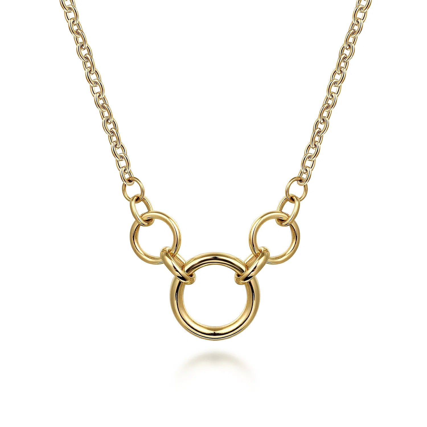 14k Gold necklace with interlocking rings on a white background designed by Gabriel & Co