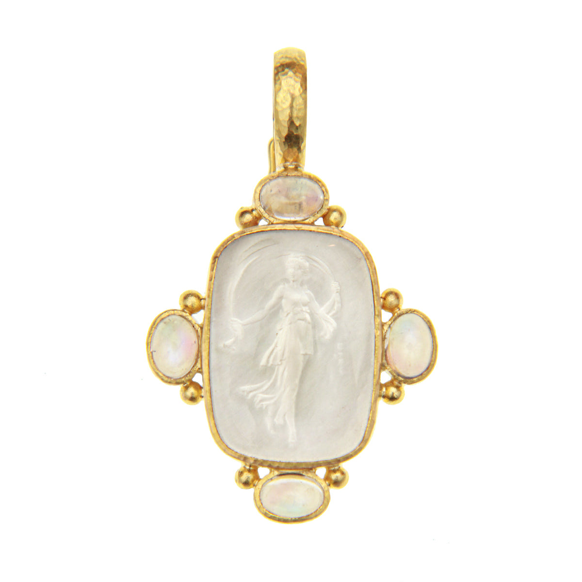 19K Gold pendant with a crystal white stone and smaller stones on a white background 