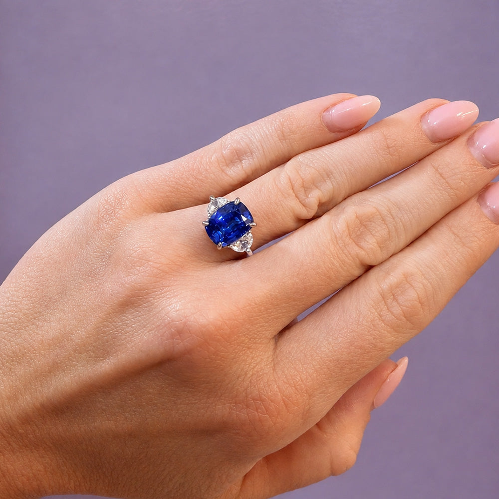 Cushion Cut Sapphire Ring with Half Moon Diamond Side Stones