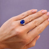 Cushion Cut Sapphire Ring with Half Moon Diamond Side Stones