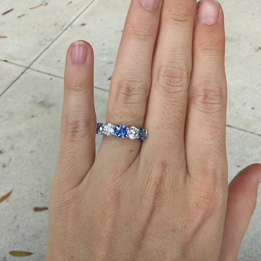 Cushion Cut Sapphire and Round Diamond Five Stone Band Ring