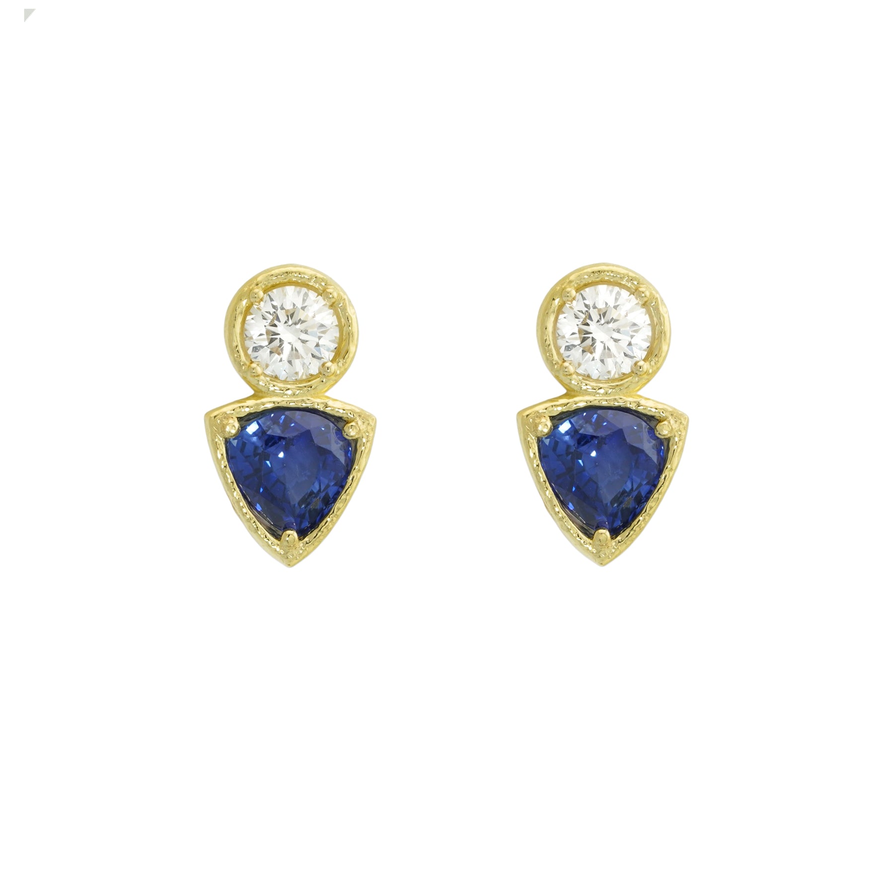 Custom designed 18K gold bezel set sapphire and diamond earrings