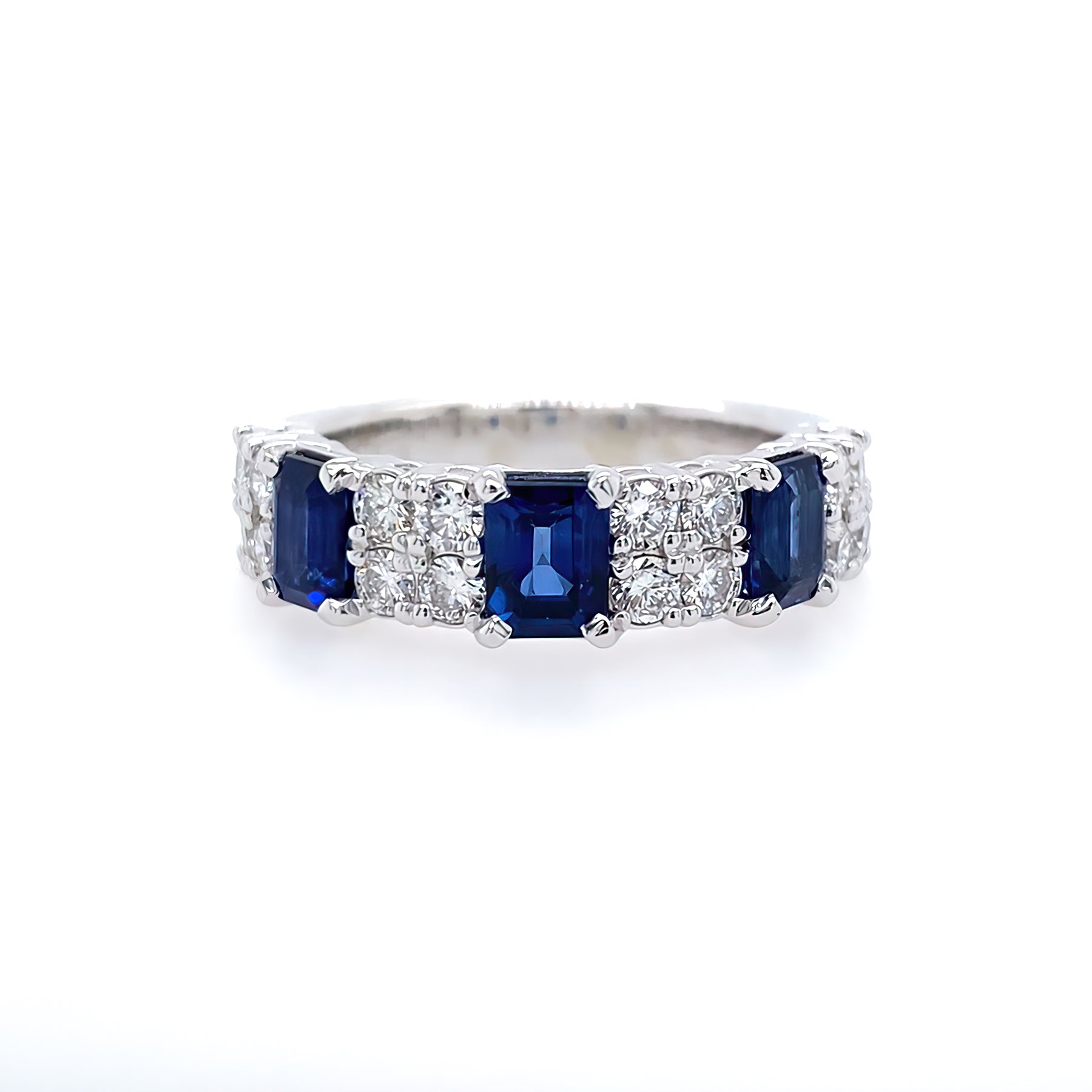 18k white gold band with diamonds and sapphires