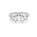 A three-stone diamond ring with a brilliant round center diamond flanked by two smaller round diamonds on a polished platinum band, set against a plain white background.