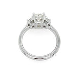 A platinum diamond ring with an old mine cut center diamond and smaller half moon side stones, shown from the back on a plain white background.