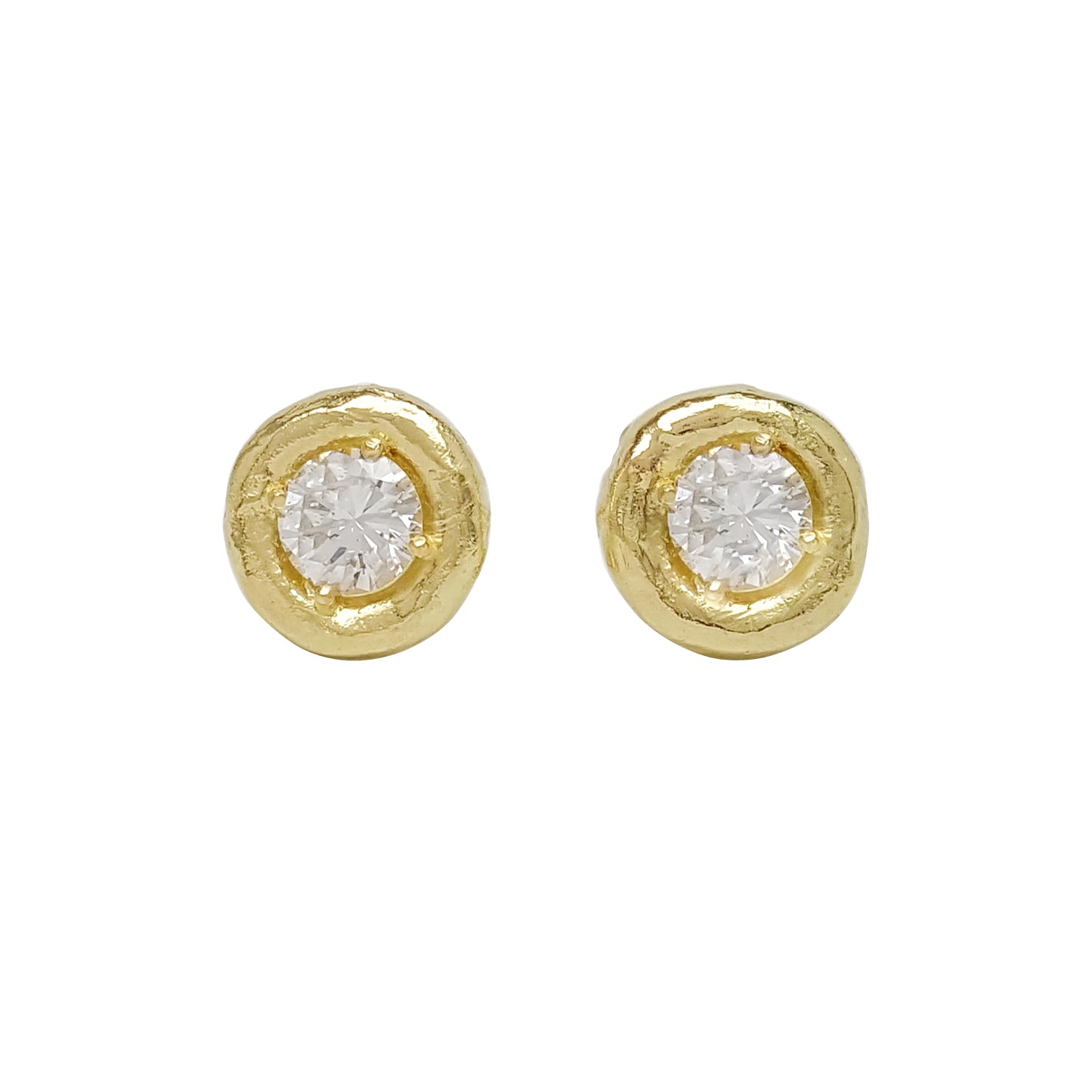 A pair of 18K yellow gold earrings with a round design and a central diamond embellishment.