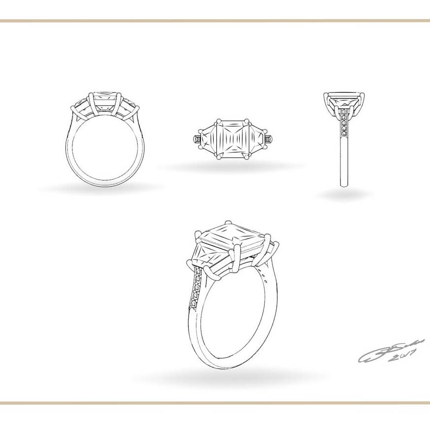 Set of custom diamond ring design illustrations on a white background