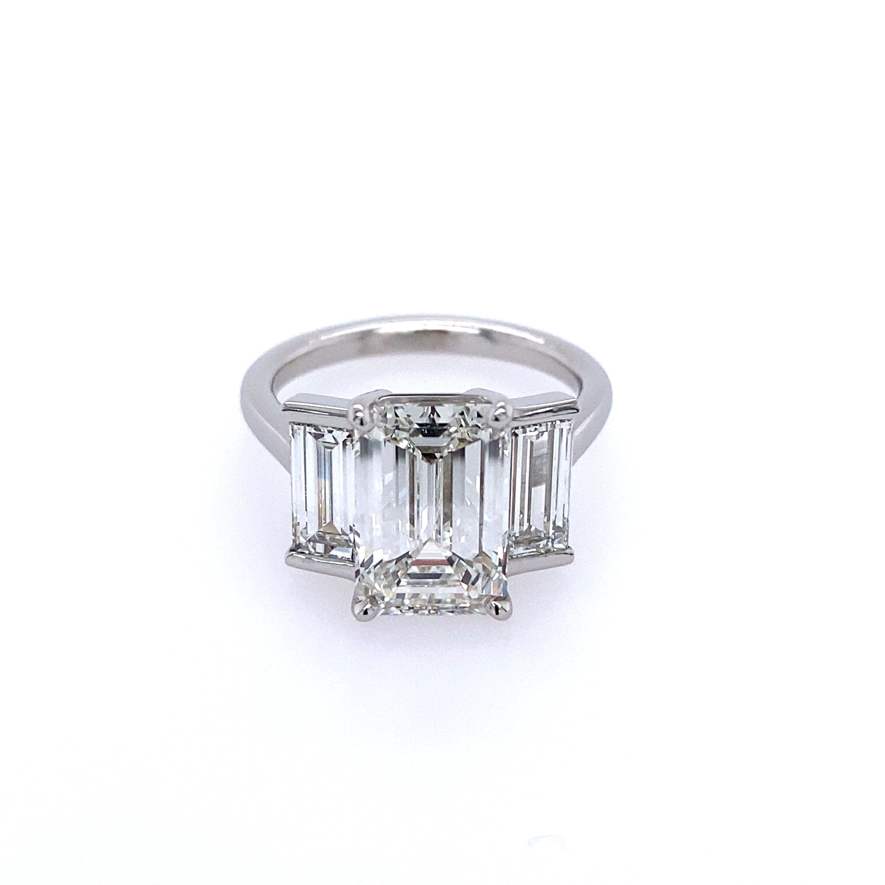 Custom Platinum 3 Stone Emerald Cut Diamond Ring