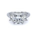 Custom designed Cushion Cut Diamond Ring with Trapezoid Diamond Side Stones in Platinum