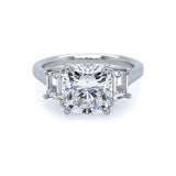 Custom designed Cushion Cut Diamond Ring with Trapezoid Diamond Side Stones in Platinum