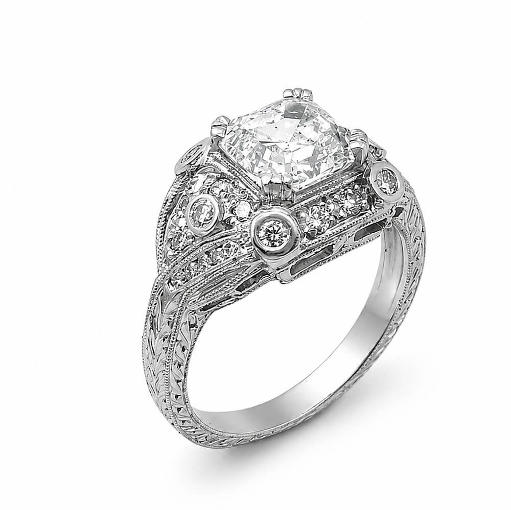 An ornate platinum diamond ring with a large Asscher-cut center stone and smaller diamonds set in detailed filigree bands, shown on a white background.