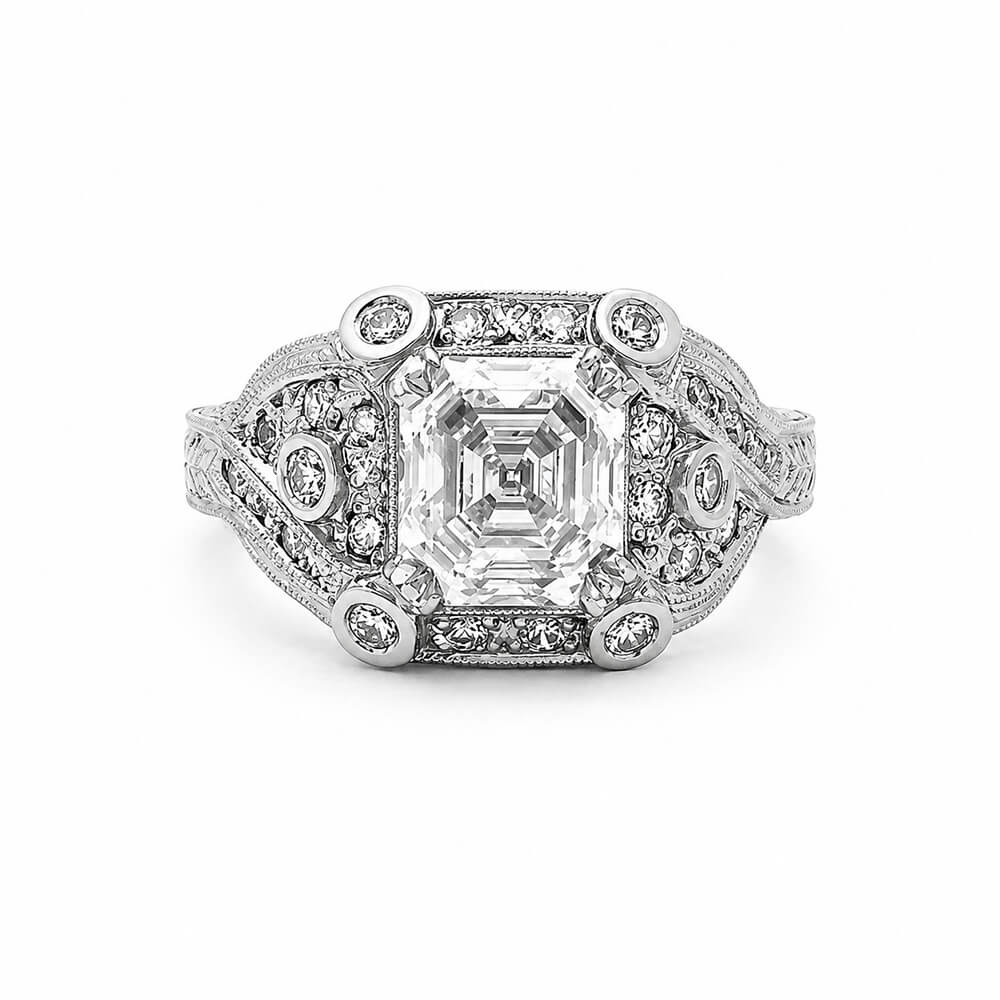 An antique-style diamond ring featuring a large Asscher-cut center stone surrounded by smaller round diamonds on a platinum filigree band, set against a plain white background.