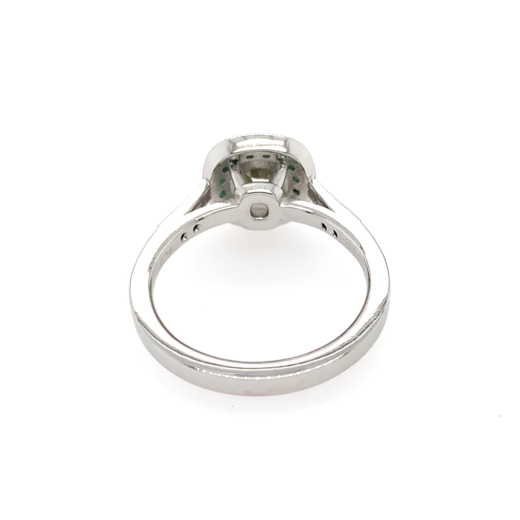 back view Diamond ring with emerald halo set in platinum