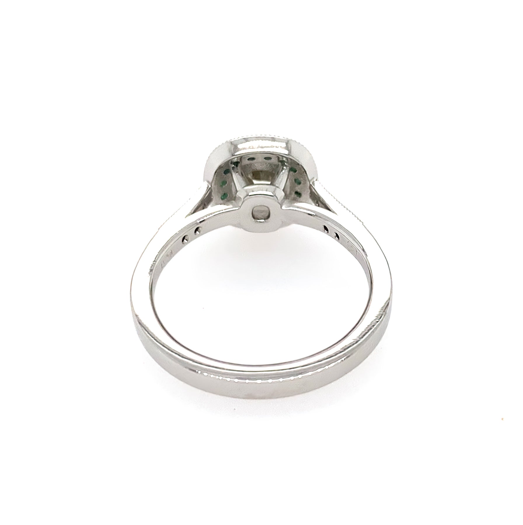 back view Diamond ring with emerald halo set in platinum