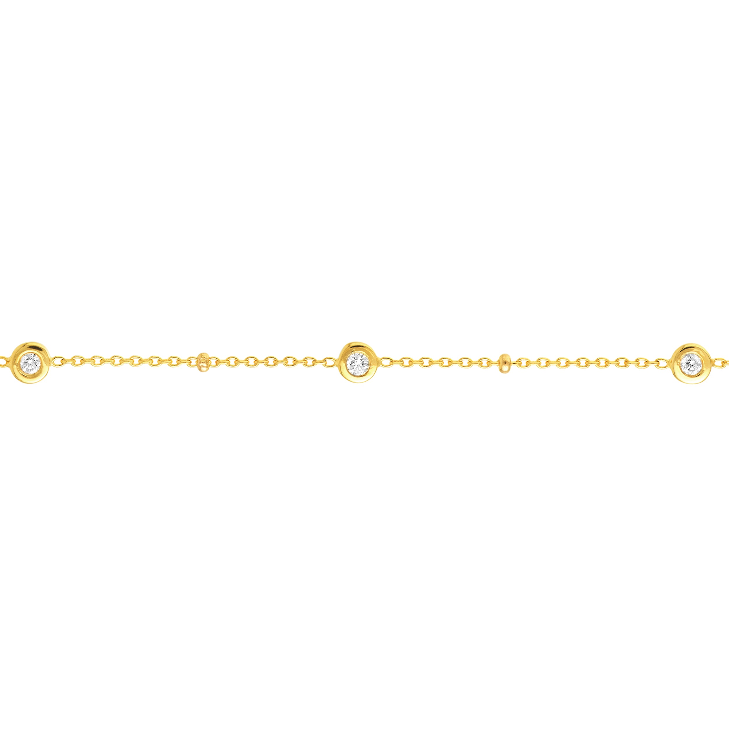 A delicate 18K yellow gold chain bracelet featuring small round bezel-set clear diamonds spaced evenly along the chain, shown against a plain white background.