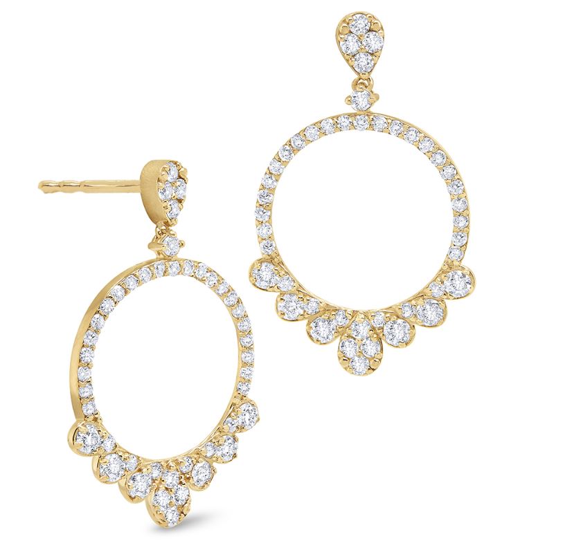 A pair of 14K yellow gold diamond drops earrings with multiple diamonds arranged in a circular pattern with a hoop design.