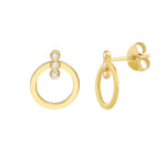 A pair of 14K yellow gold hoop earrings with three small clear diamonds set along the top of each hoop, shown on a plain white background. One earring is facing forward and the other is turned to show the post and butterfly back.
