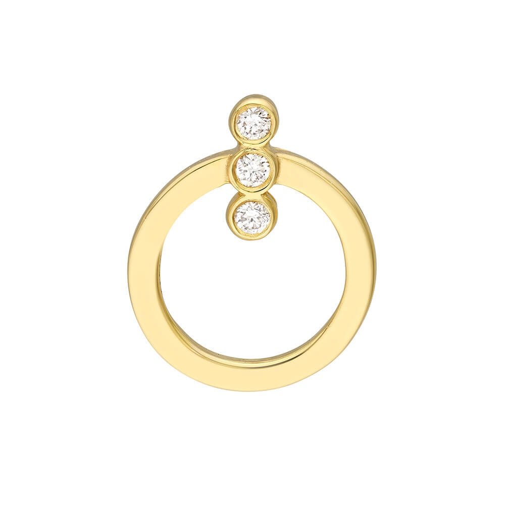 A 14K yellow gold circle earring featuring a flat circular band with three small bezel-set clear round diamonds arranged vertically near the top, shown on a plain white background.