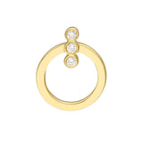 A 14K yellow gold circle earring featuring a flat circular band with three small bezel-set clear round diamonds arranged vertically near the top, shown on a plain white background.