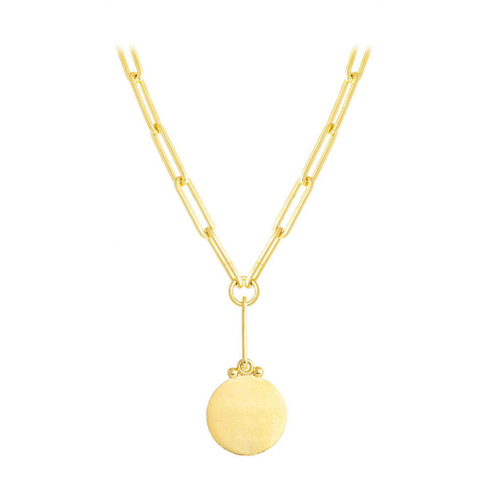 18K Gold necklace with a round pendant on a white background
