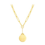 18K Gold necklace with a round pendant on a white background
