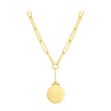 18K Gold necklace with a round pendant on a white background