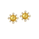 19K Gold sun-shaped earrings with diamonds on a white background