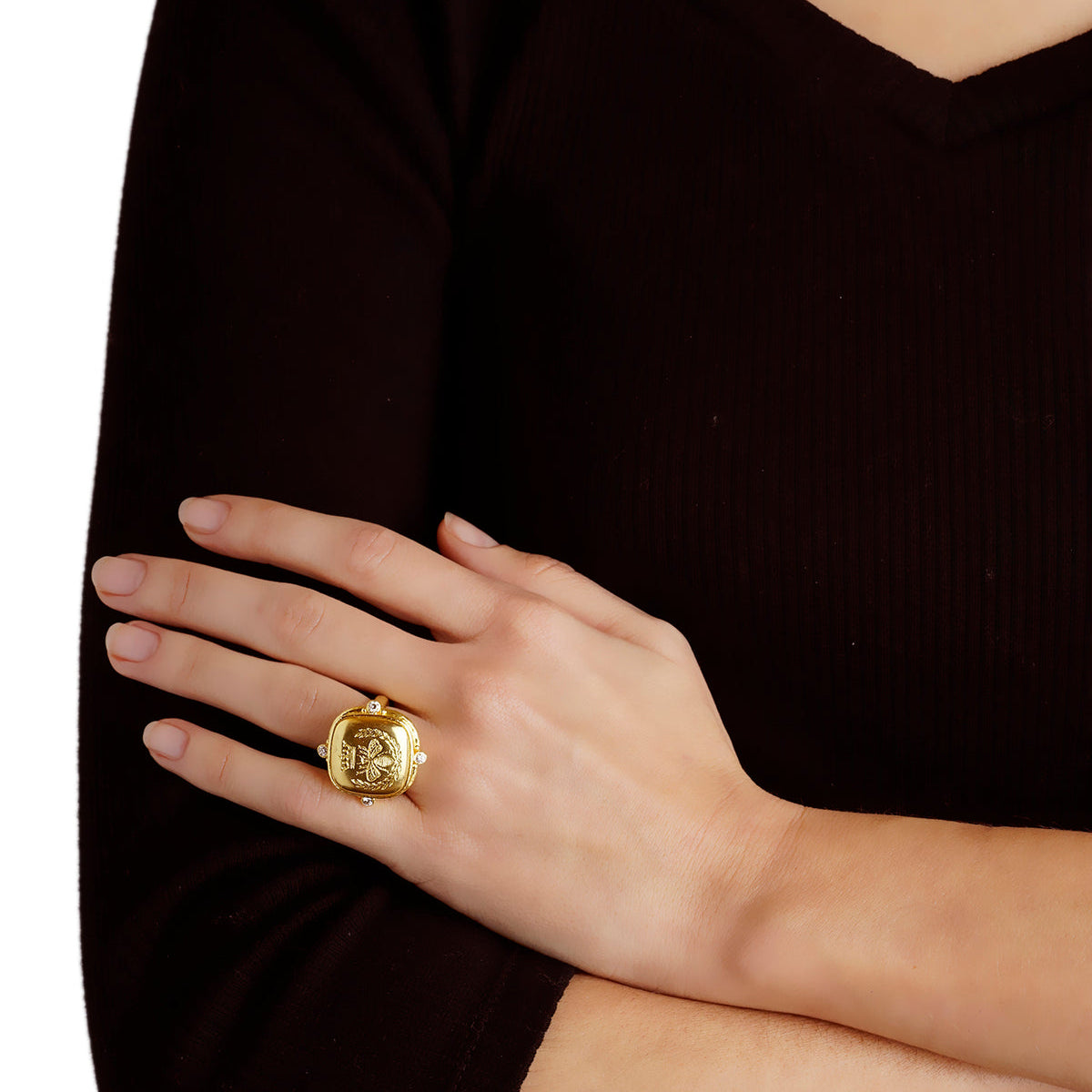 19K Gold Queen Bee ring on a woman 