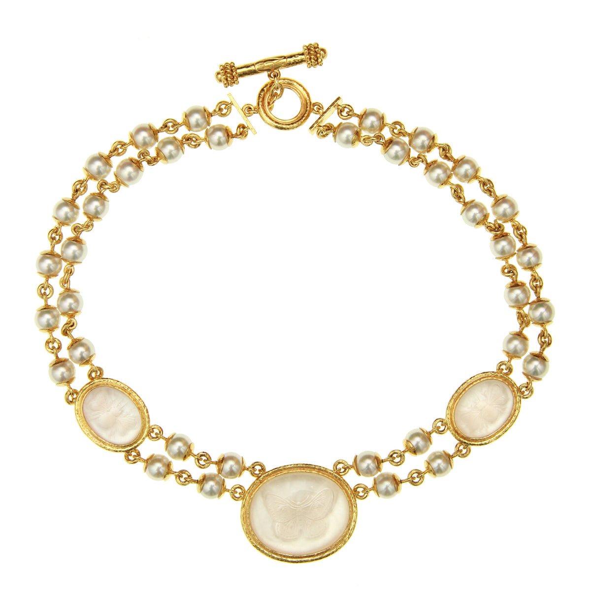 Elizabeth Locke 19K yellow gold Rock Crystal and Pearl necklace on a white background