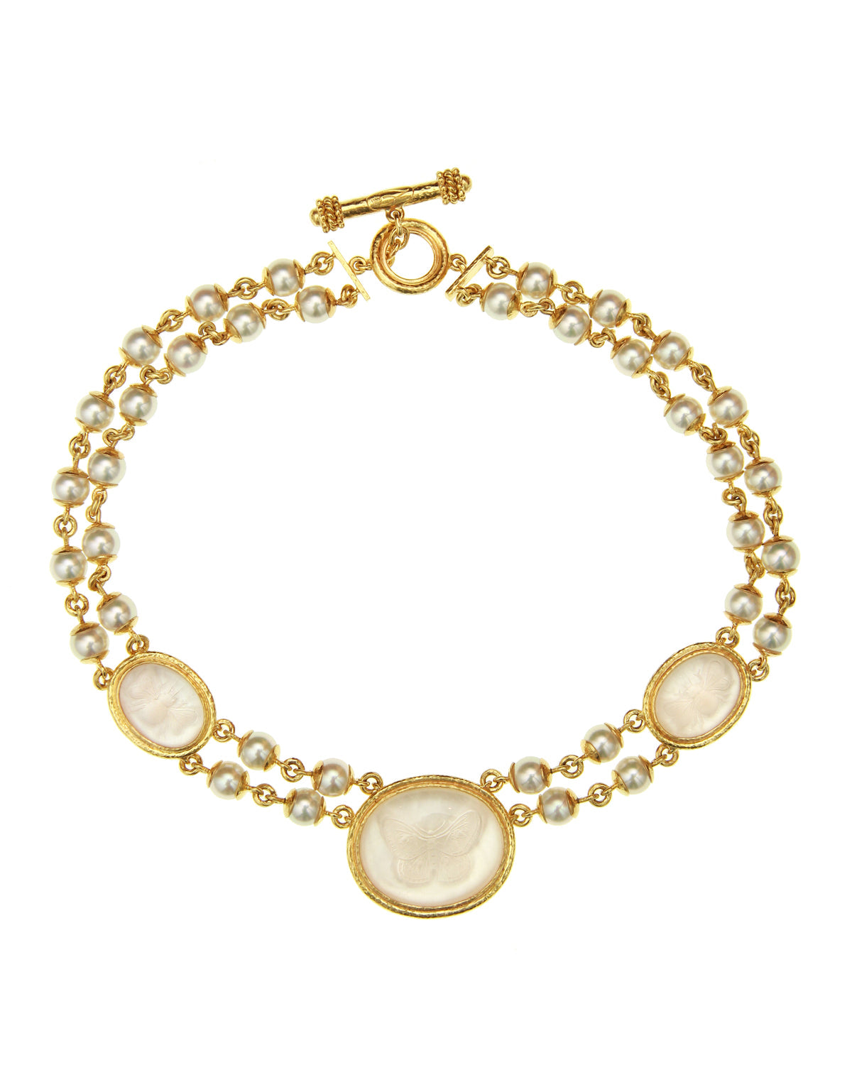 Elizabeth Locke 19K yellow gold Rock Crystal and Pearl necklace on a white background