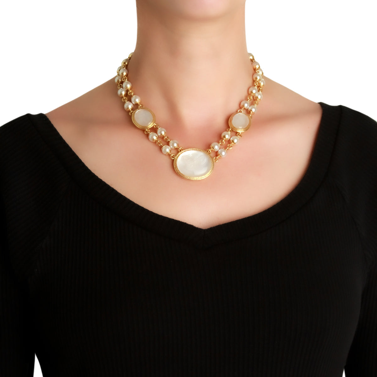 Elizabeth Locak 19K yellow Gold Rock Crystal and Pearl Necklace with large round pearls on a black top