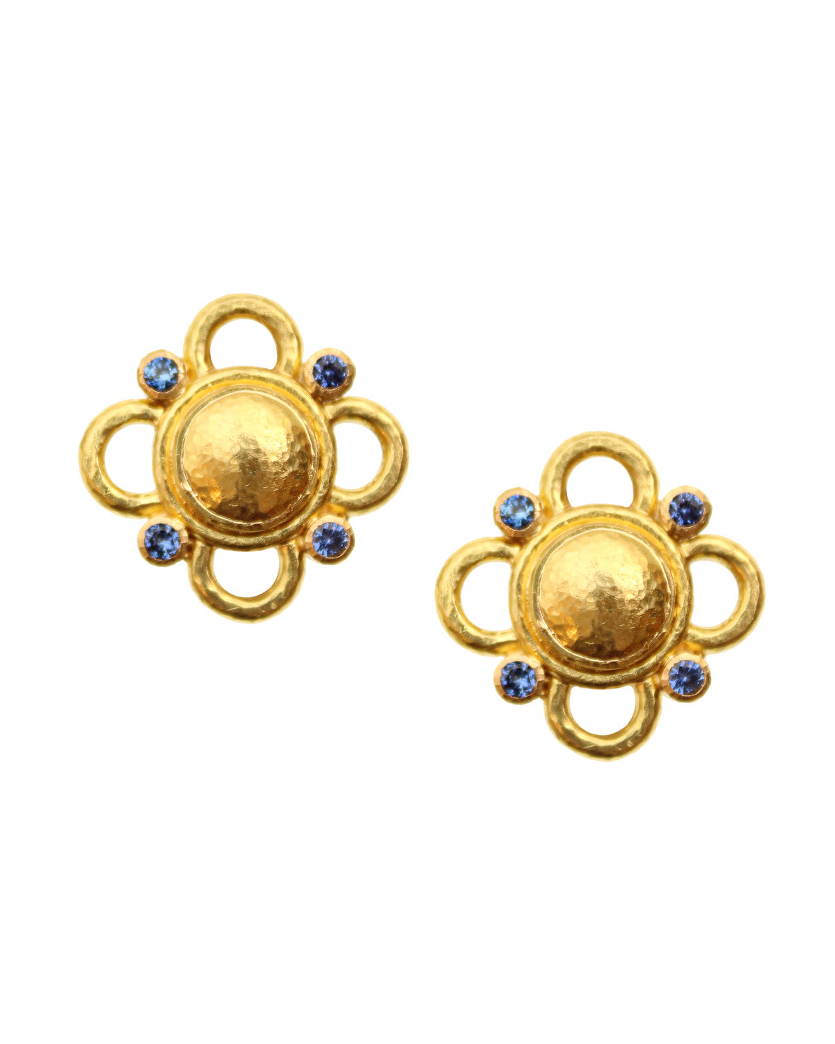 Pair of Elizabeth Locke 19K yellow gold earrings with blue sapphires on a white background