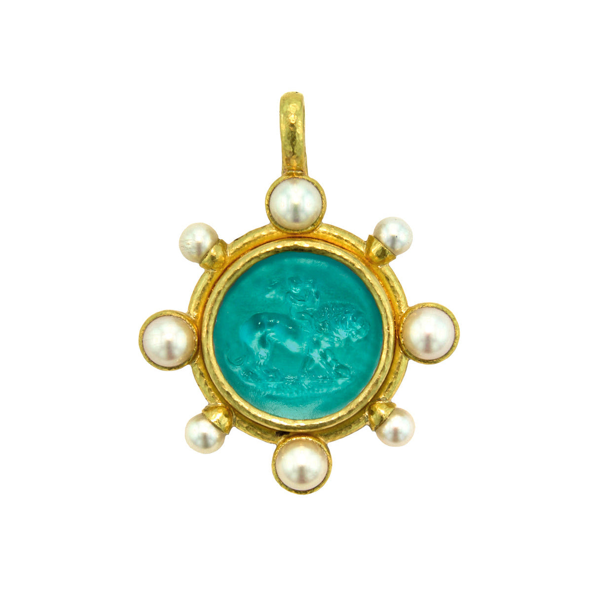 Jewelry pendant with Venetian Glass Intaglio center and pearl accents on a white background