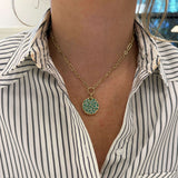 Emerald and Diamond Round Disc Pendant Necklace