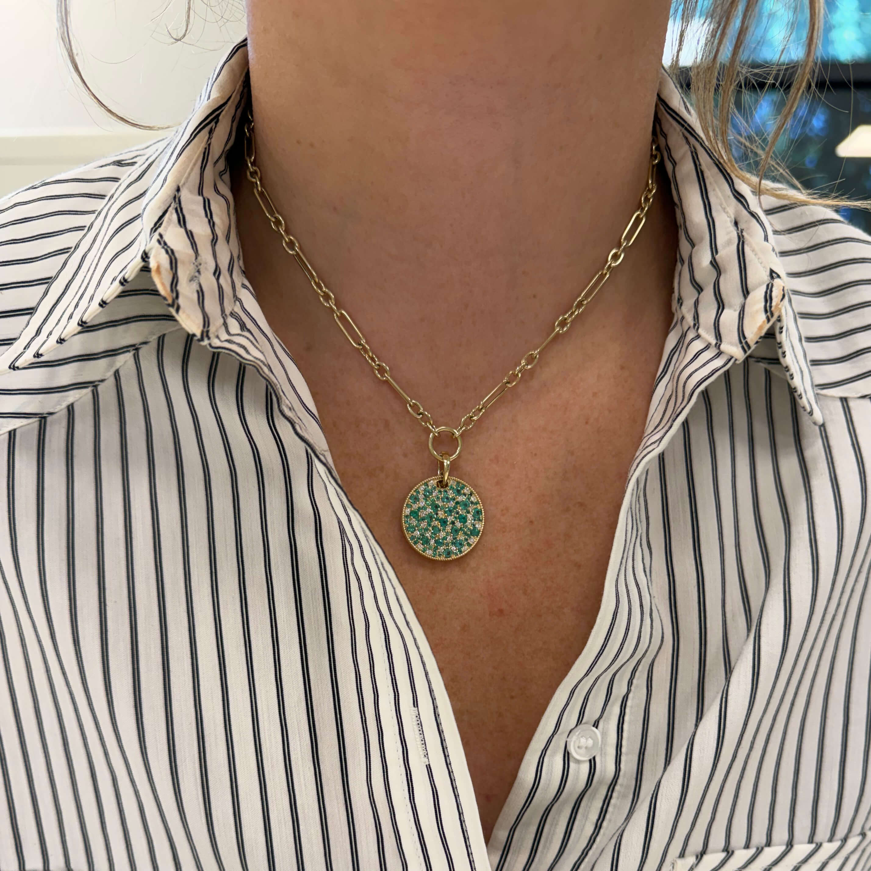Emerald and Diamond Round Disc Pendant Necklace