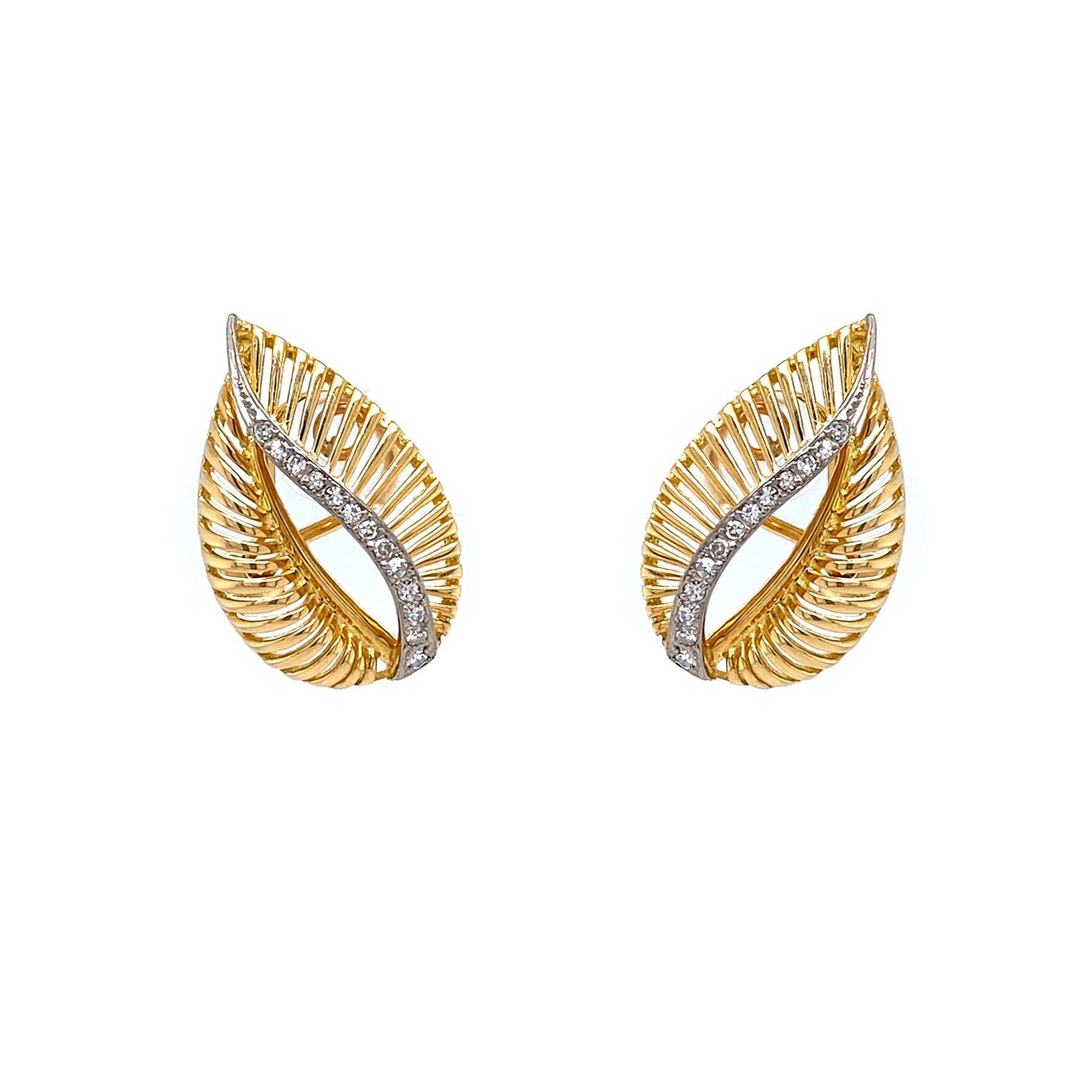 Estate 18K gold and diamond Leaf Earrings
