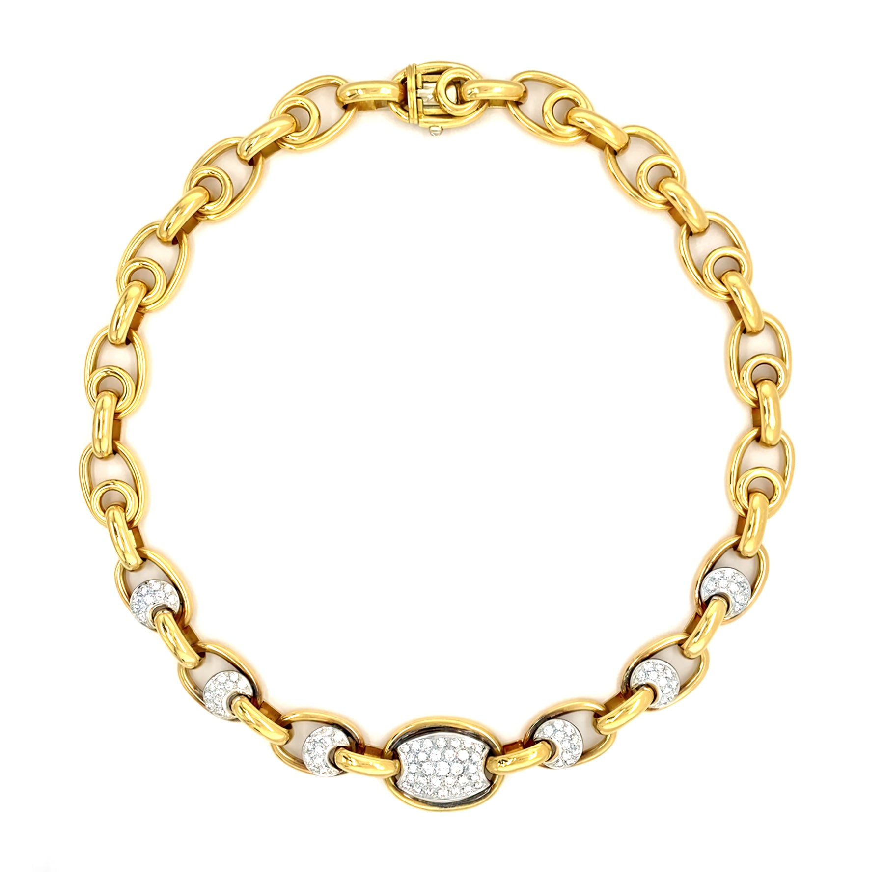 Estate 18K Yellow Gold Oval Link Necklace with Diamonds