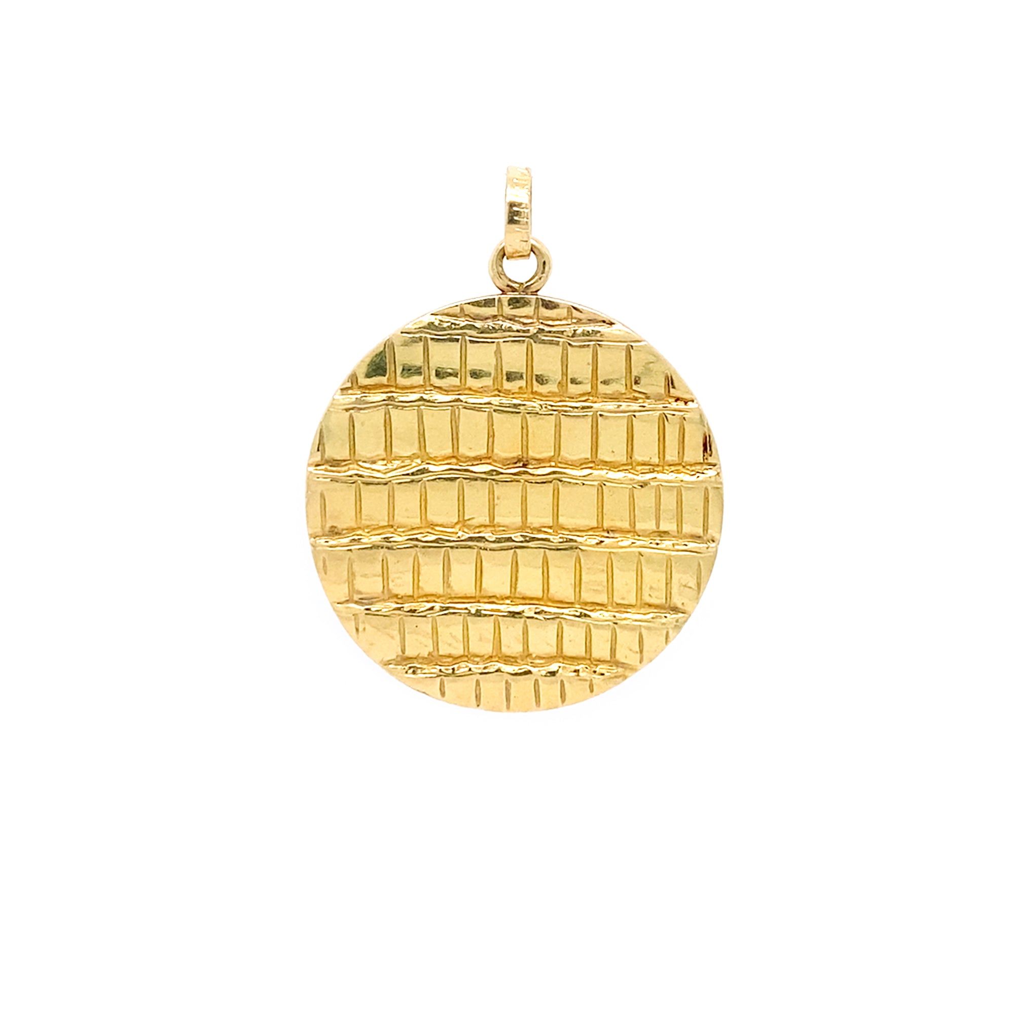 Estate Tiffany Gold Disc pendant with textured surface on a white background