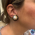 Estate Pearl Gold Onyx earrings clip on