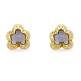 A pair of Estate 18K yellow gold flower-shaped stud earrings with a central lavender-gray moonstone and small clear diamond accents, shown on a plain white background.